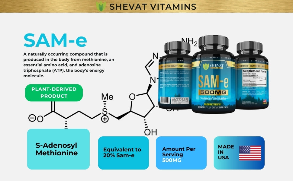 Shevat SAM-e 500mg Capsules – 60 Count, Vegan, Non-GMO, Gluten-Free, Made in USA