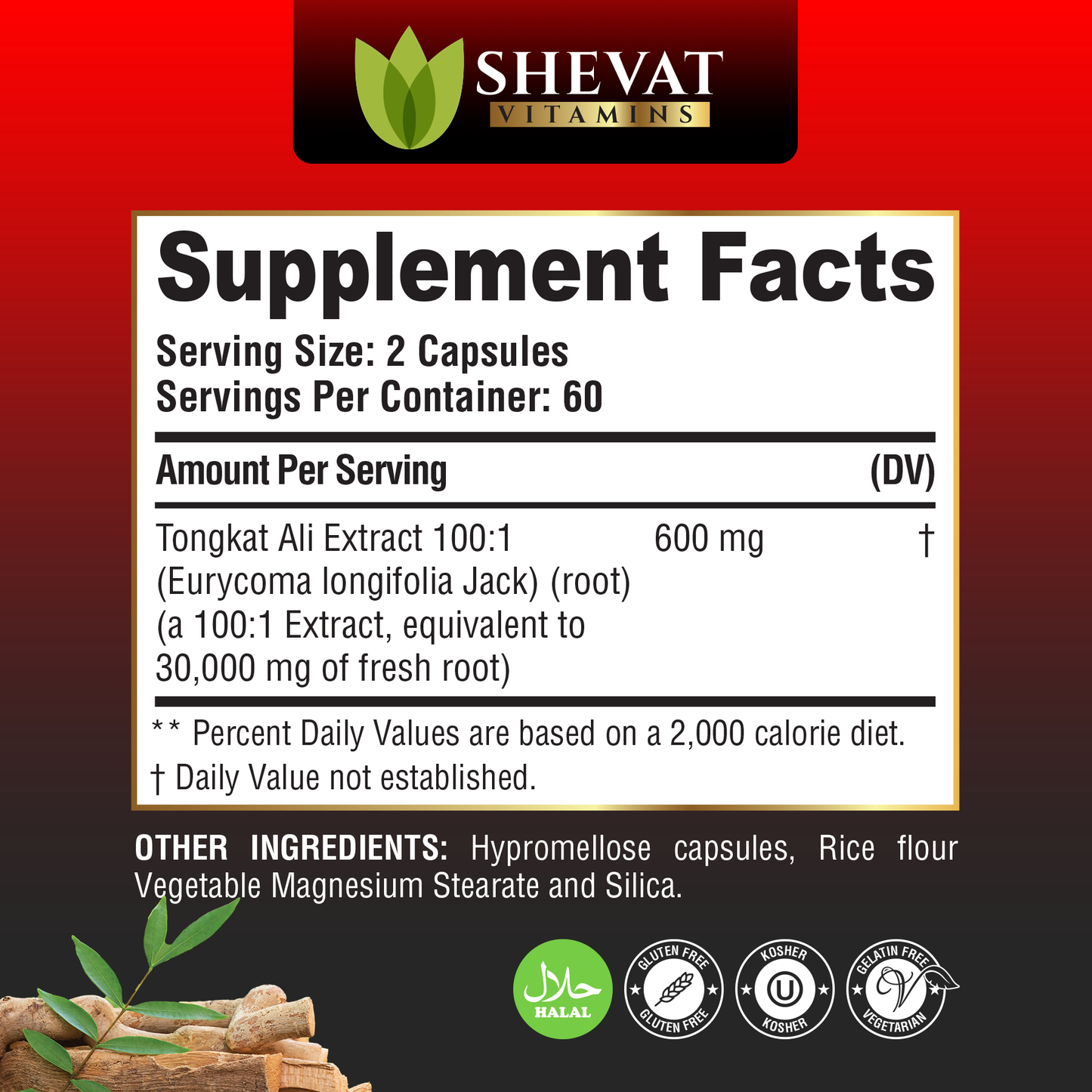 Tongkat Ali 600mg Extract β 60 Capsules, Vegan, Non-GMO, Made in USA