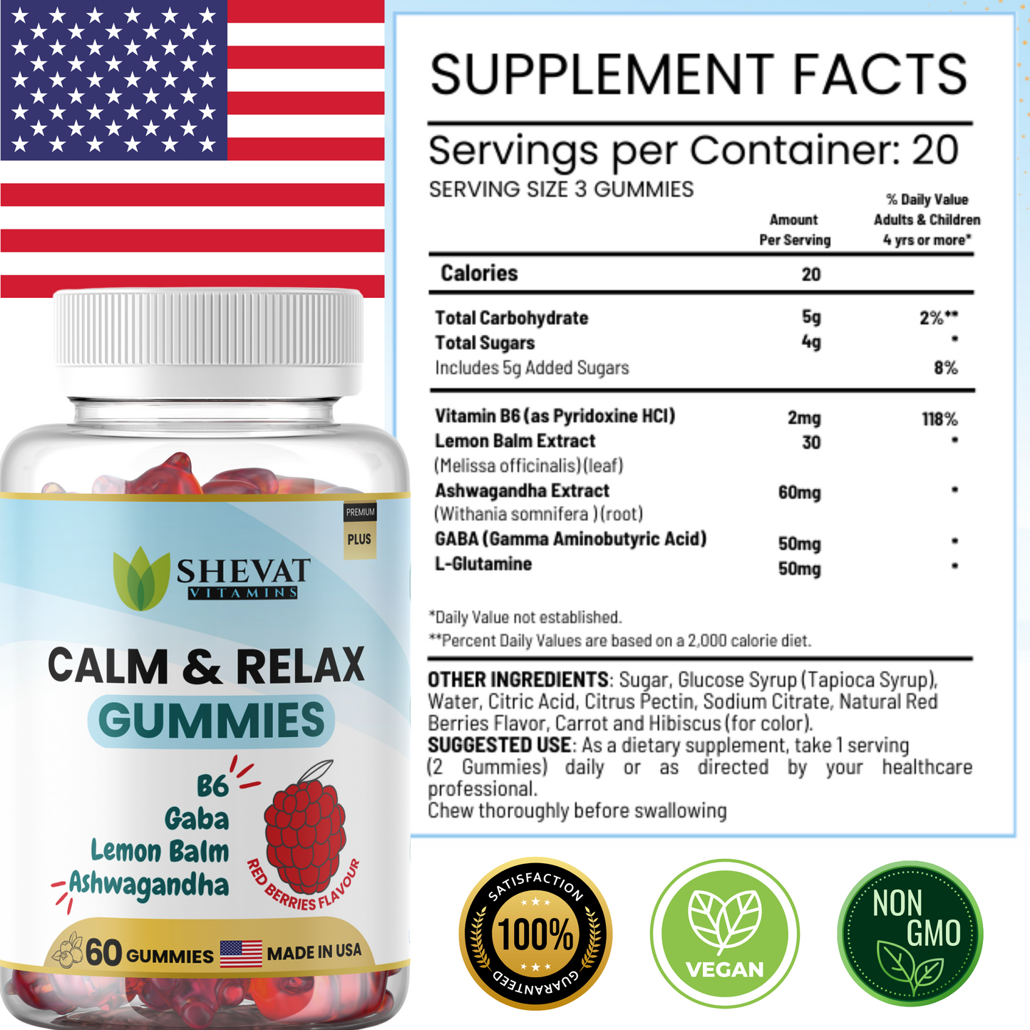 Calm & Relax Gummies – Ashwagandha, GABA, B6 & Lemon Balm for Stress Relief & Mood Support – Red Berries Flavor – 60 Gummies, Made in USA