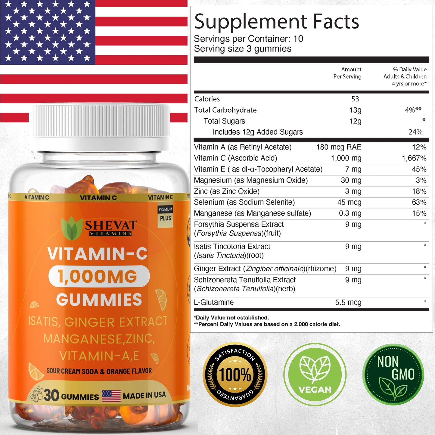 Vitamin C Gummies 1000mg – With Zinc, Ginger, Vitamin A & E – Sour Cream Soda & Orange Flavor – 30 Gummies – Made in USA