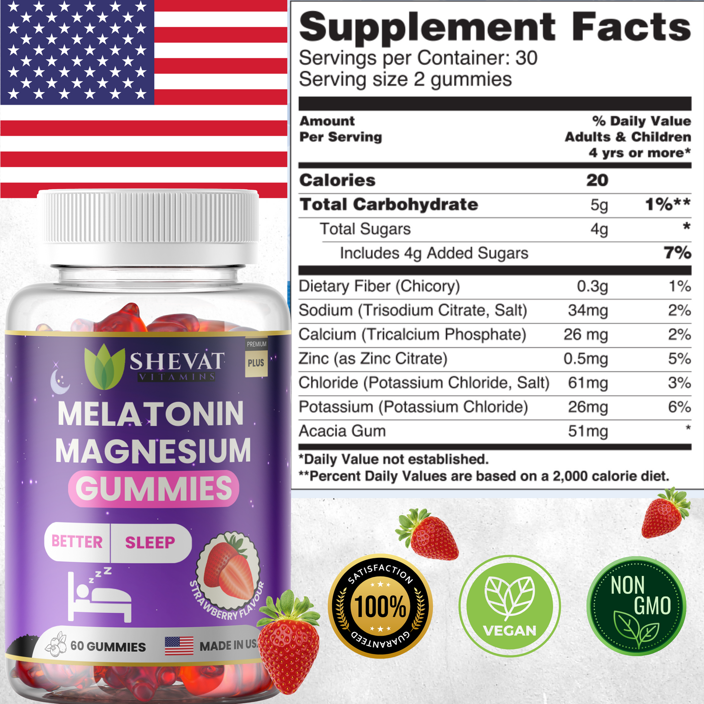 Melatonin Magnesium Gummies – Strawberry Flavor, 60 Count – Non-GMO, Made in USA