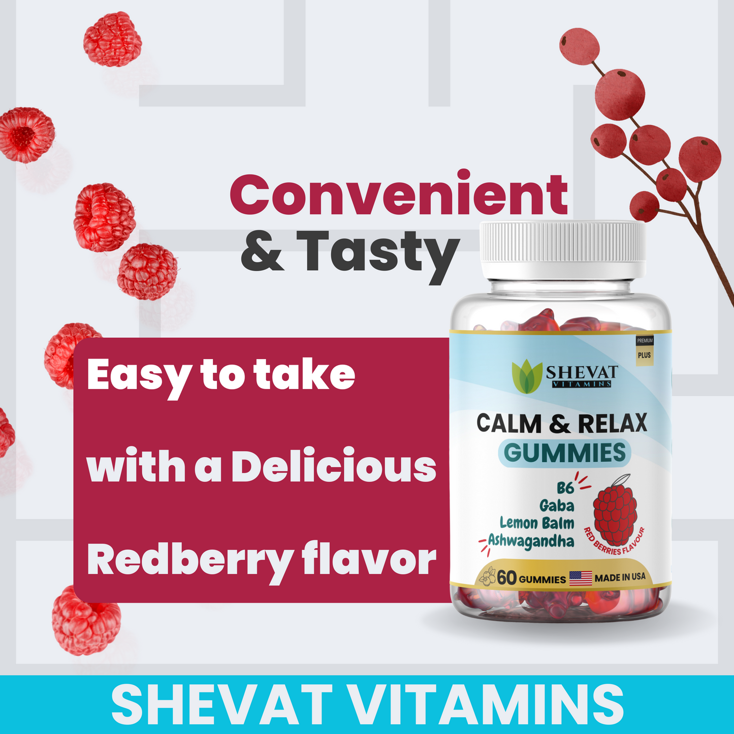 Calm & Relax Gummies – Ashwagandha, GABA, B6 & Lemon Balm for Stress Relief & Mood Support – Red Berries Flavor – 60 Gummies, Made in USA
