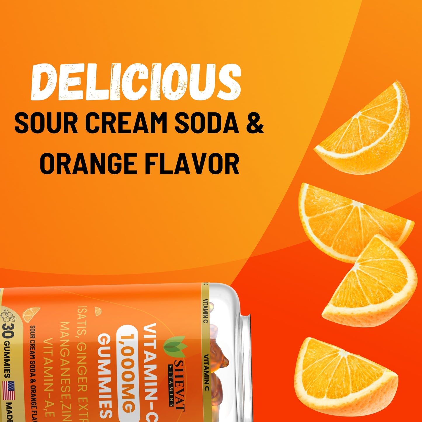 Vitamin C Gummies 1000mg – With Zinc, Ginger, Vitamin A & E – Sour Cream Soda & Orange Flavor – 30 Gummies – Made in USA