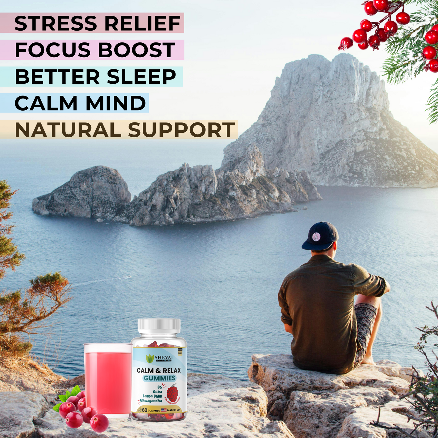 Calm & Relax Gummies – Ashwagandha, GABA, B6 & Lemon Balm for Stress Relief & Mood Support – Red Berries Flavor – 60 Gummies, Made in USA