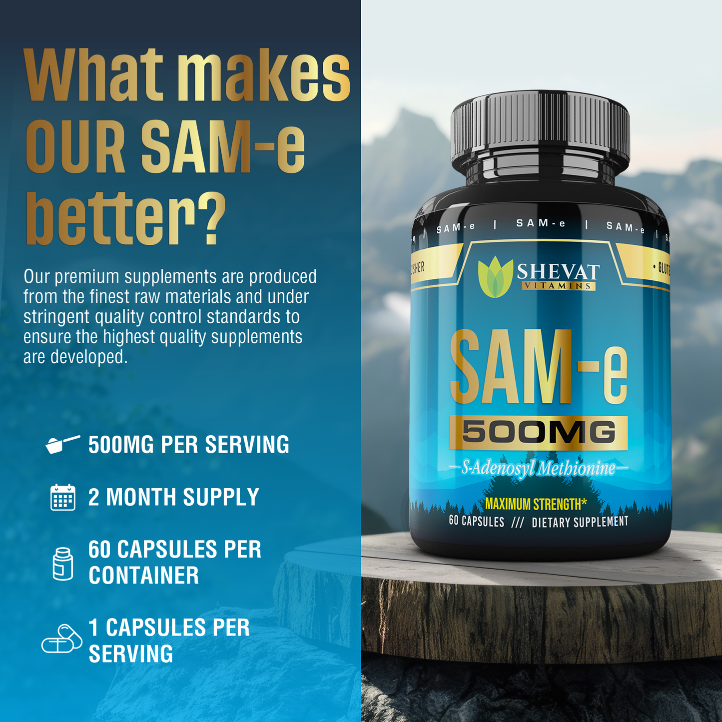 Shevat SAM-e 500mg Capsules – 60 Count, Vegan, Non-GMO, Gluten-Free, Made in USA