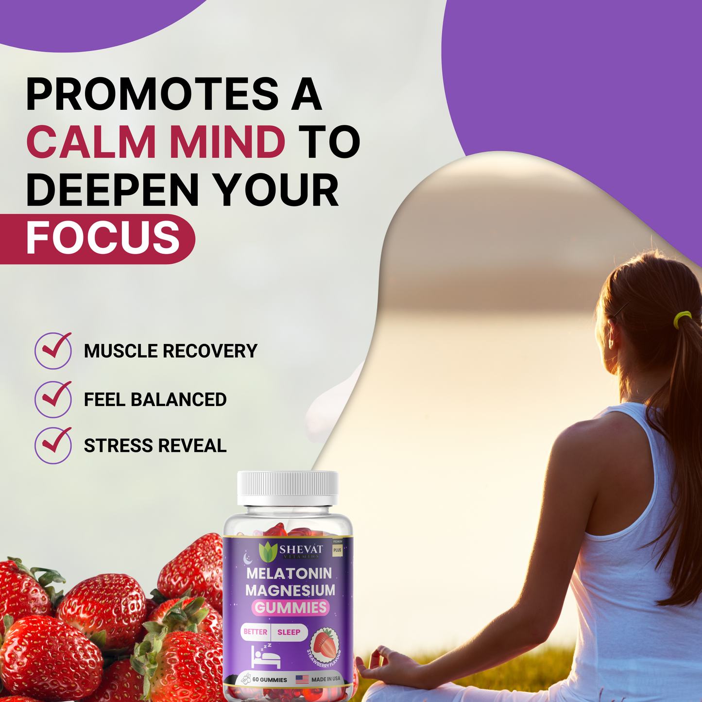 Melatonin Magnesium Gummies – Strawberry Flavor, 60 Count – Non-GMO, Made in USA