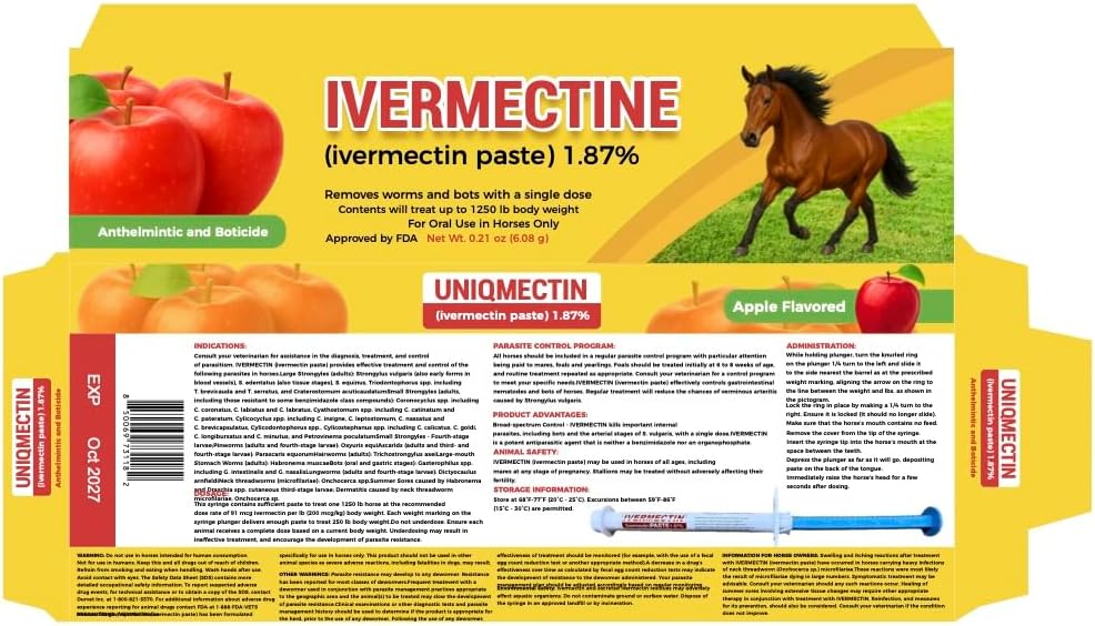 Ivermectin Horse Paste 1.87% – Apple Flavored – 6.08g Tube – for Horses Up to 1250 lb