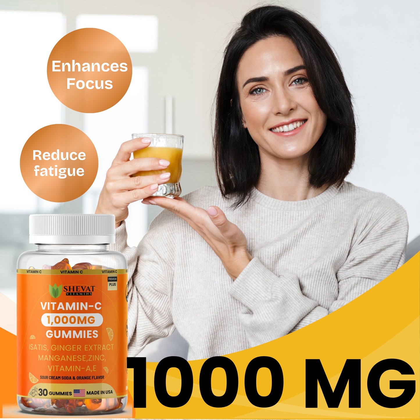 Vitamin C Gummies 1000mg – With Zinc, Ginger, Vitamin A & E – Sour Cream Soda & Orange Flavor – 30 Gummies – Made in USA