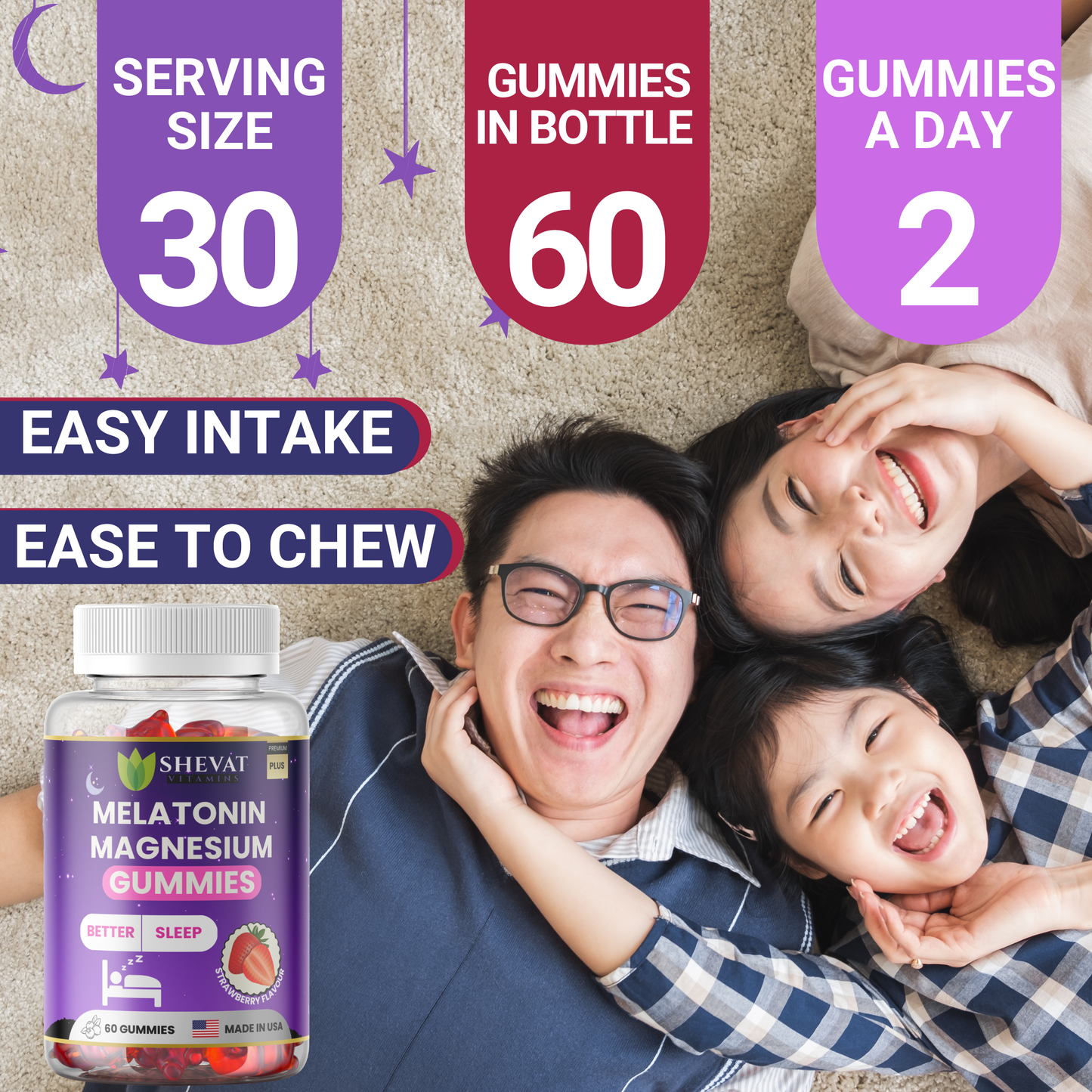 Melatonin Magnesium Gummies – Strawberry Flavor, 60 Count – Non-GMO, Made in USA