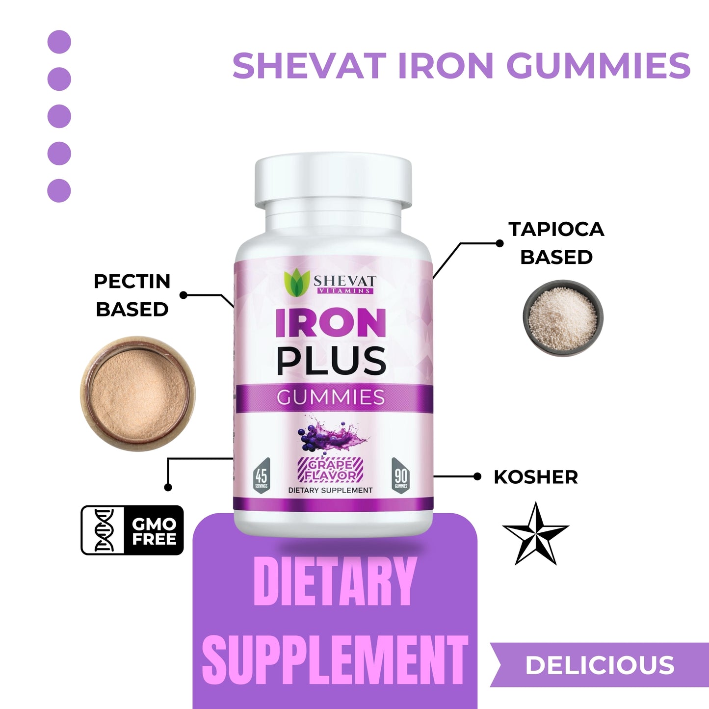 Shevat Iron Plus Gummies – 60 Count – Vegan, Gluten-Free, Non-GMO, Grape Flavor, Made in USA