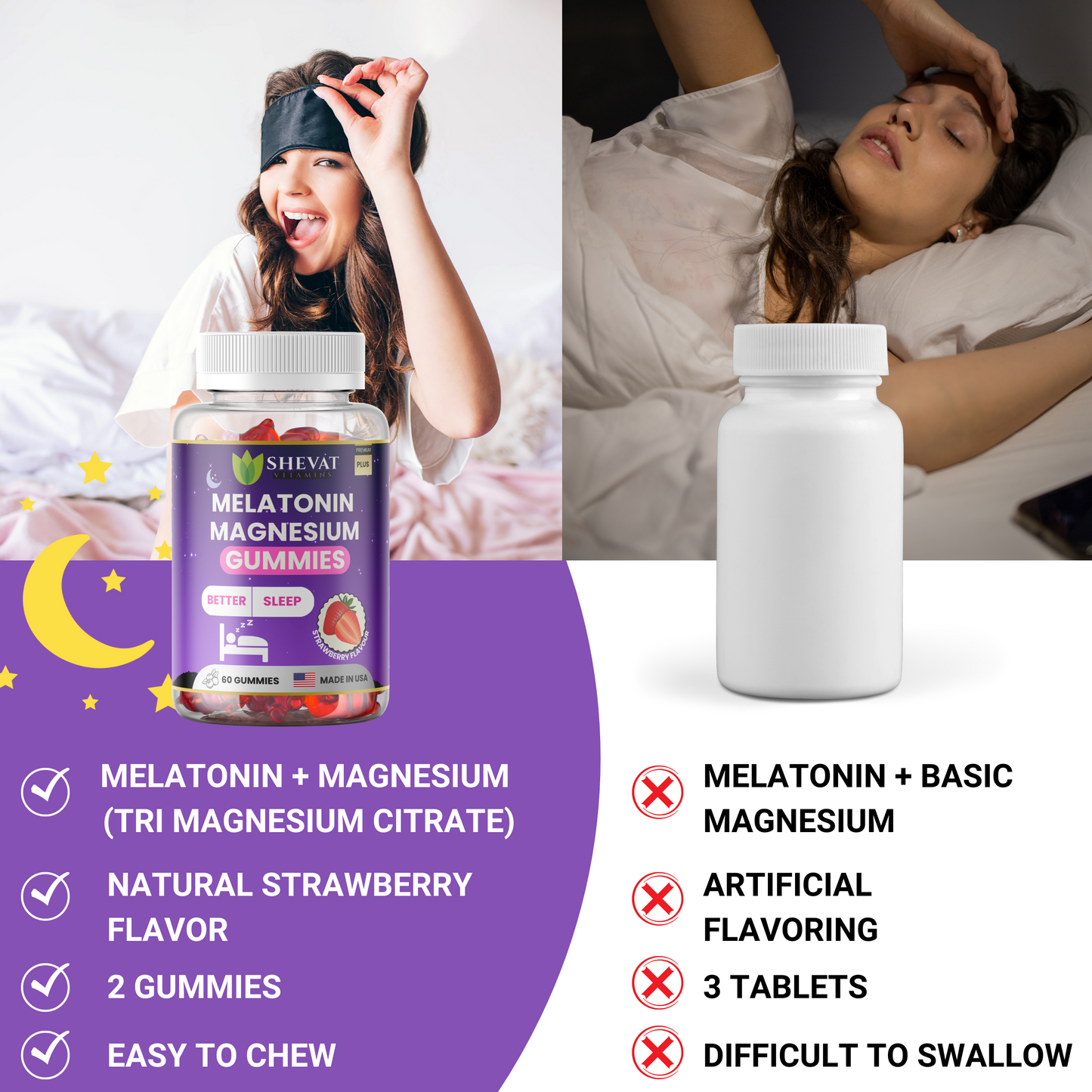 Melatonin Magnesium Gummies – Strawberry Flavor, 60 Count – Non-GMO, Made in USA