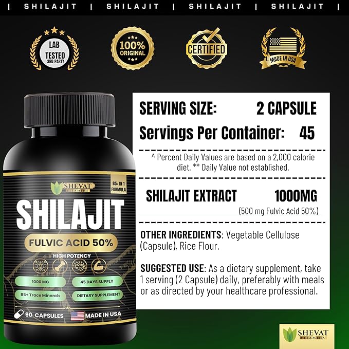 Shevat Pure Himalayan Shilajit Capsules – 60 Vegan Capsules with Fulvic Acid, Non-GMO, Made in USA