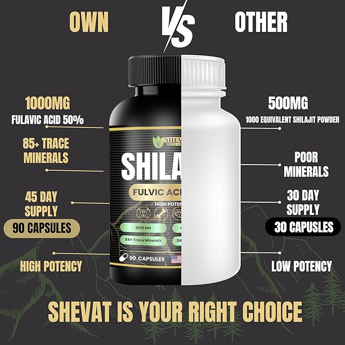 Shevat Pure Himalayan Shilajit Capsules – 60 Vegan Capsules with Fulvic Acid, Non-GMO, Made in USA
