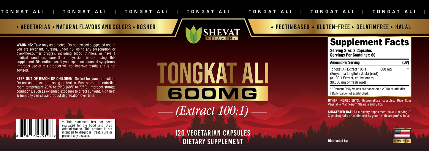 Tongkat Ali 600mg Extract β 60 Capsules, Vegan, Non-GMO, Made in USA