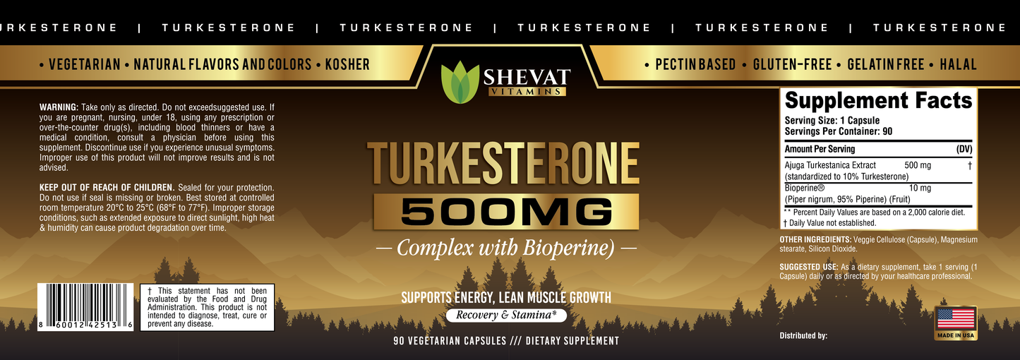 Shevat Turkesterone Complex 500mg with BioPerine – 60 Capsules, Non-GMO, Made in USA