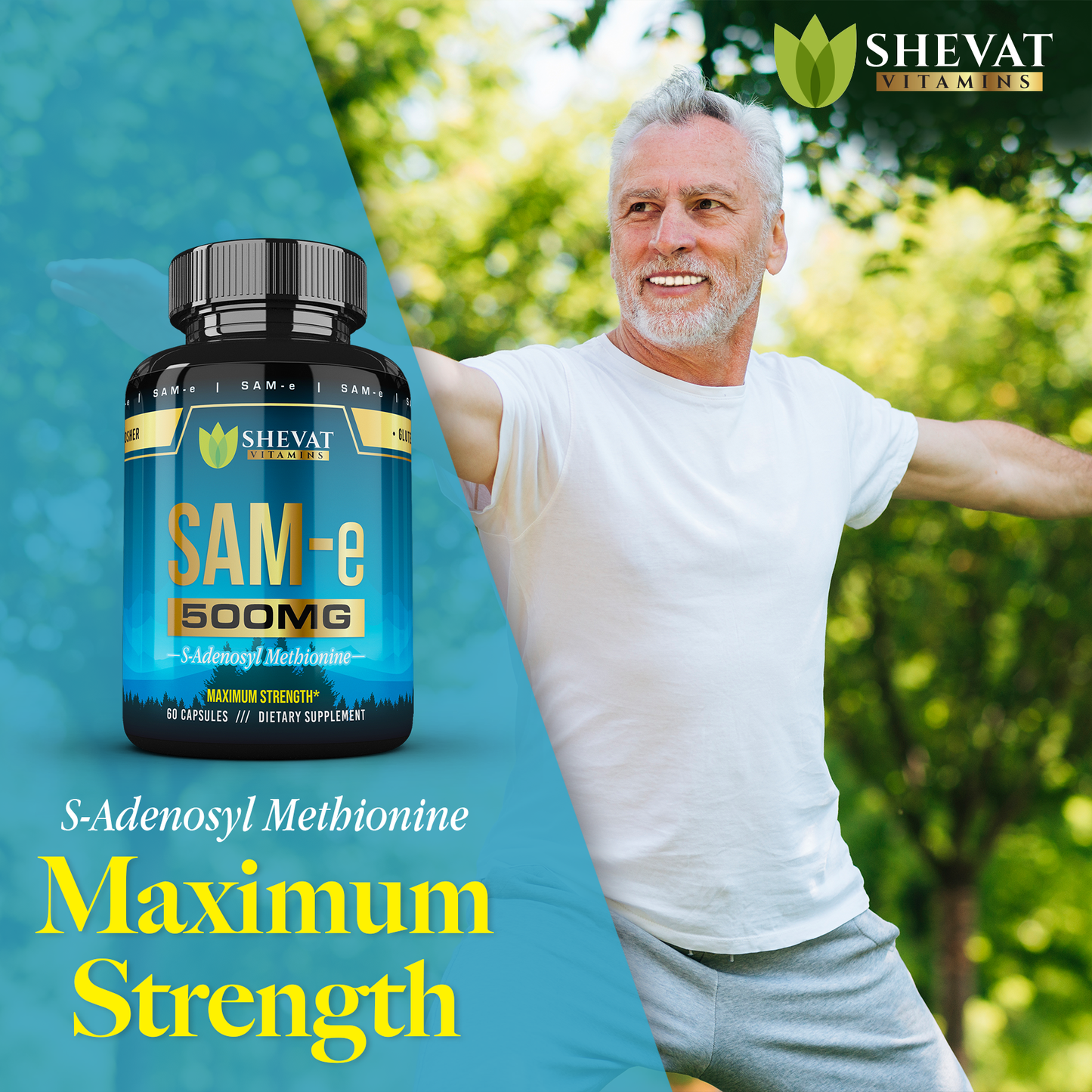 Shevat SAM-e 500mg Capsules – 60 Count, Vegan, Non-GMO, Gluten-Free, Made in USA