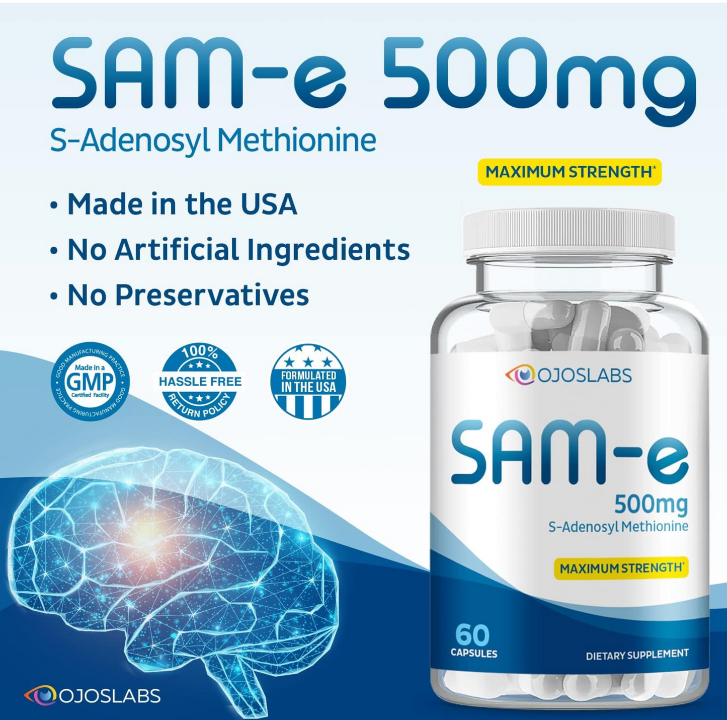 SAM-e 500mg Supplement β 60 Vegan Capsules β Non-GMO β Made in USA