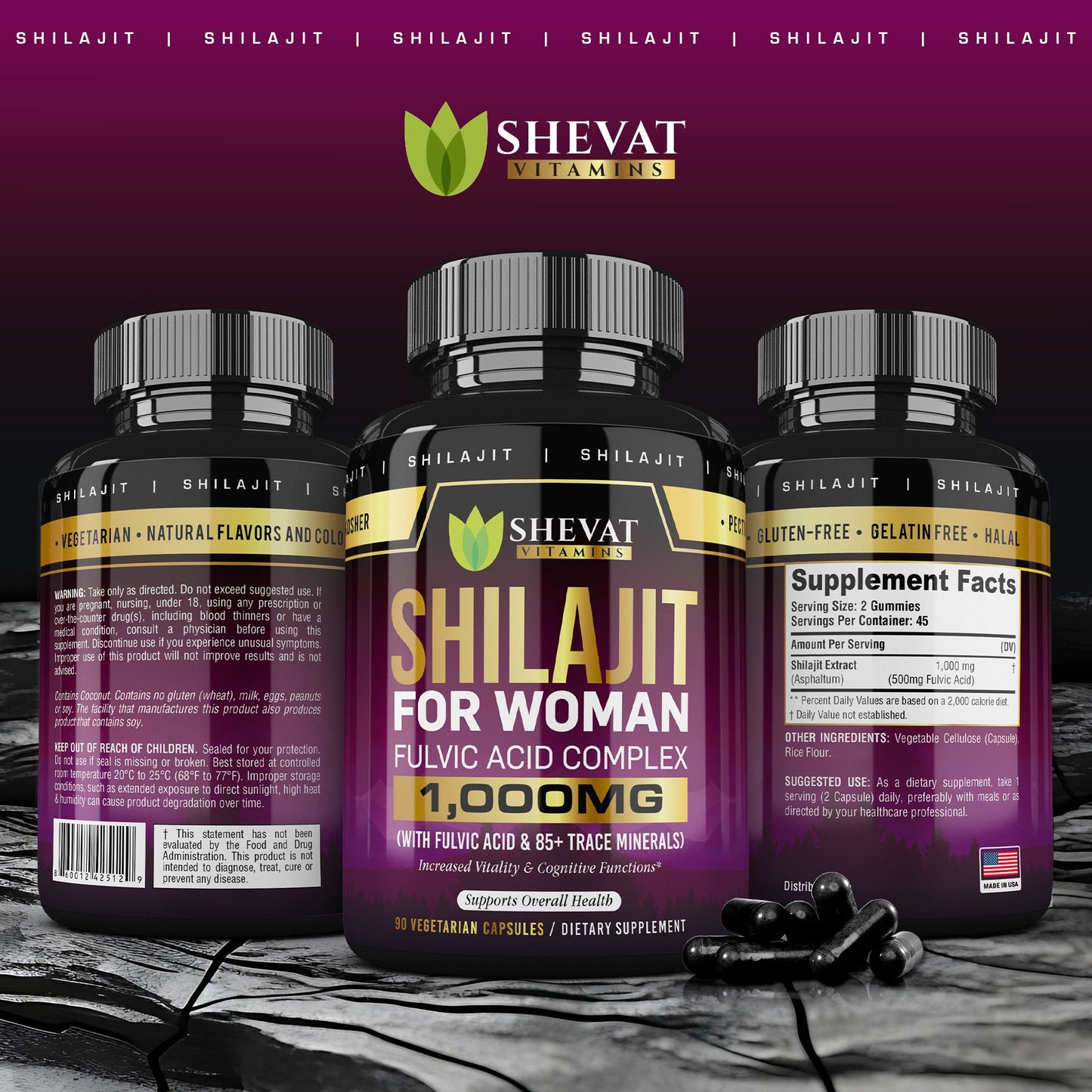 Shilajit Capsules for Women – Pure Himalayan Extract, 60 Vegan Capsules, Non-GMO, Made in USA
