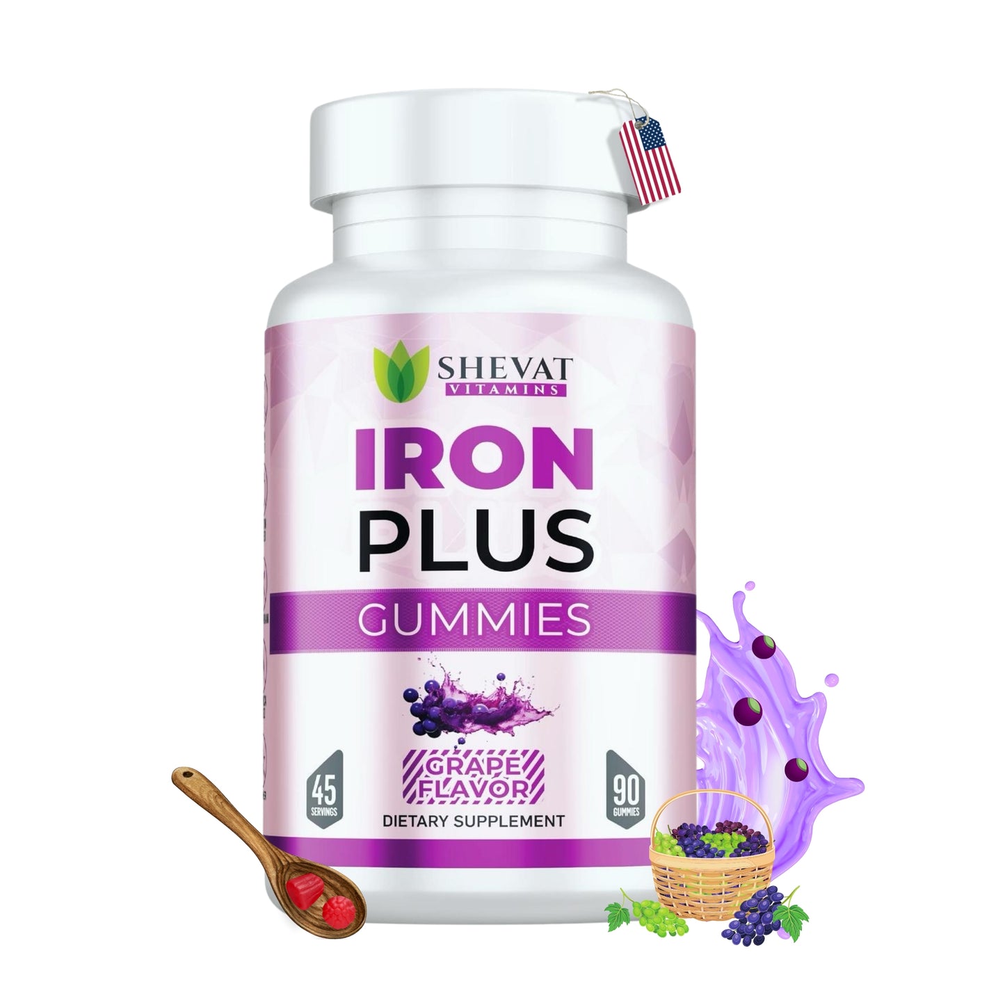 Shevat Iron Plus Gummies – 60 Count – Vegan, Gluten-Free, Non-GMO, Grape Flavor, Made in USA