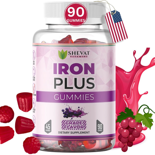 Shevat Iron Plus Gummies – 60 Count – Vegan, Gluten-Free, Non-GMO, Grape Flavor, Made in USA