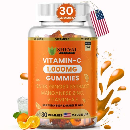 Vitamin C Gummies 1000mg – With Zinc, Ginger, Vitamin A & E – Sour Cream Soda & Orange Flavor – 30 Gummies – Made in USA