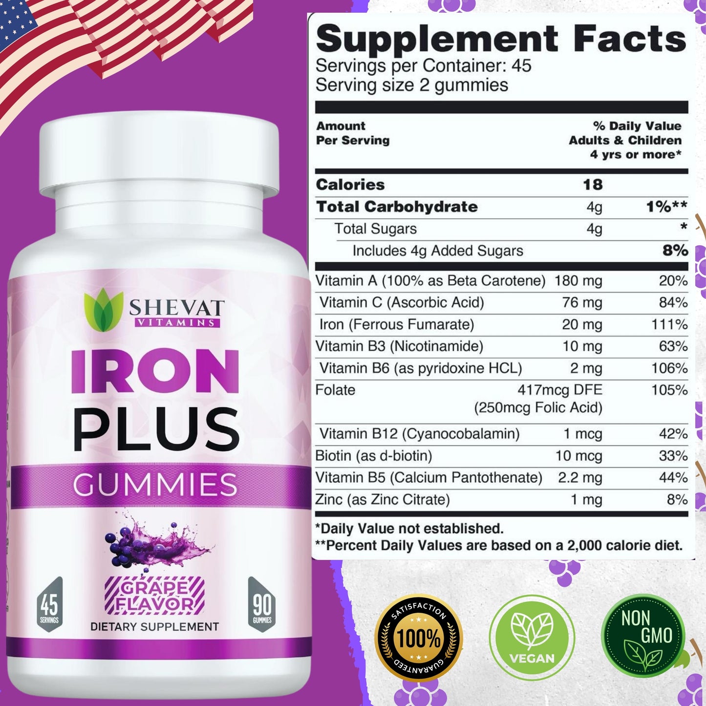 Shevat Iron Plus Gummies – 60 Count – Vegan, Gluten-Free, Non-GMO, Grape Flavor, Made in USA