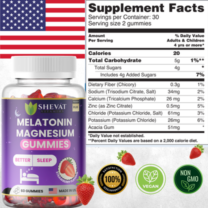 Melatonin Magnesium Gummies – Strawberry Flavor, 60 Count – Non-GMO, Made in USA