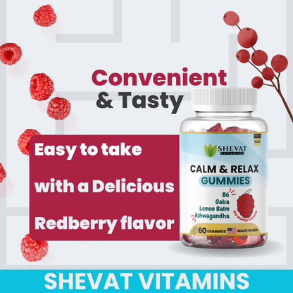 Calm & Relax Gummies – Ashwagandha, GABA, B6 & Lemon Balm for Stress Relief & Mood Support – Red Berries Flavor – 60 Gummies, Made in USA