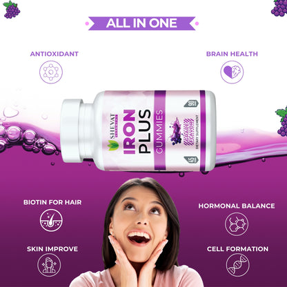 Shevat Iron Plus Gummies – 60 Count – Vegan, Gluten-Free, Non-GMO, Grape Flavor, Made in USA