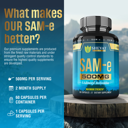 Shevat SAM-e 500mg Capsules – 60 Count, Vegan, Non-GMO, Gluten-Free, Made in USA