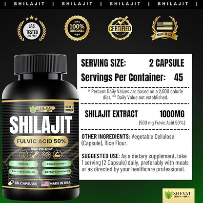 Shevat Pure Himalayan Shilajit Capsules – 60 Vegan Capsules with Fulvic Acid, Non-GMO, Made in USA