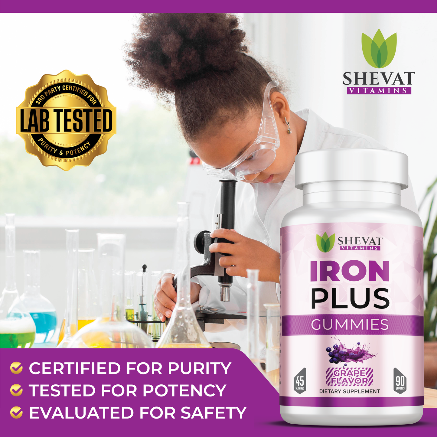 Shevat Iron Plus Gummies – 60 Count – Vegan, Gluten-Free, Non-GMO, Grape Flavor, Made in USA