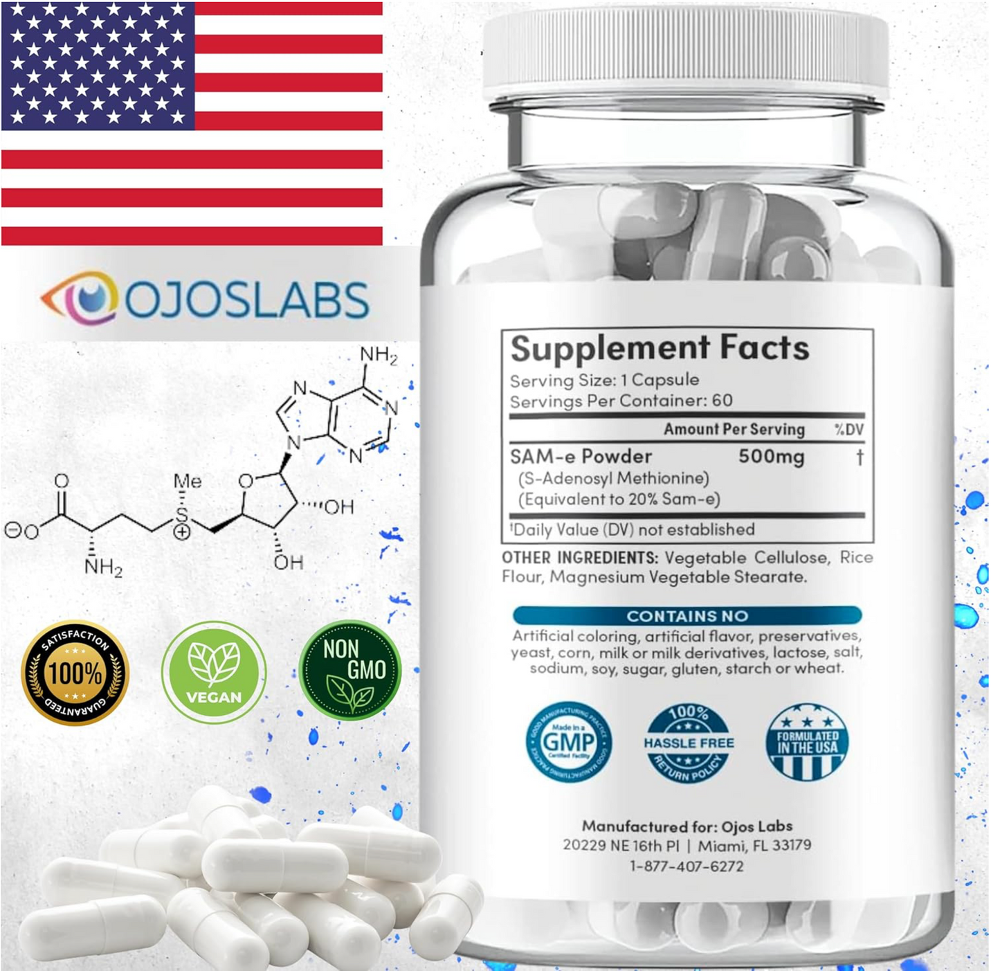 SAM-e 500mg Supplement – 60 Vegan Capsules – Non-GMO – Made in USA